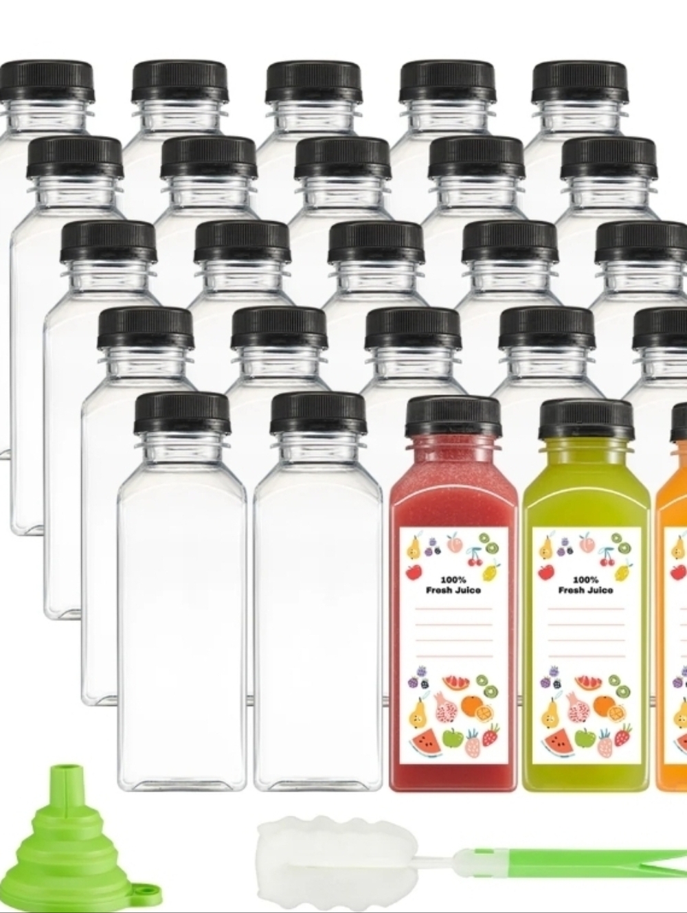 24 Set of Clear Plastic Square Juice Bottles with Black Caps